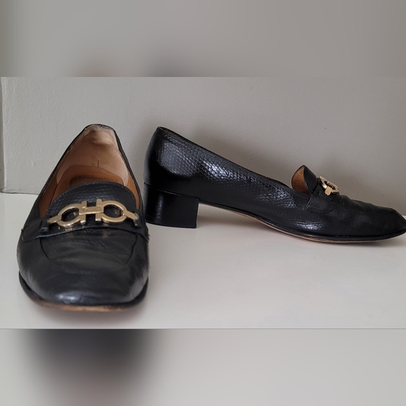 Salvatore Ferragamo Black Leather Heeled Loafers with Gold Hardware - Picture 2 of 11